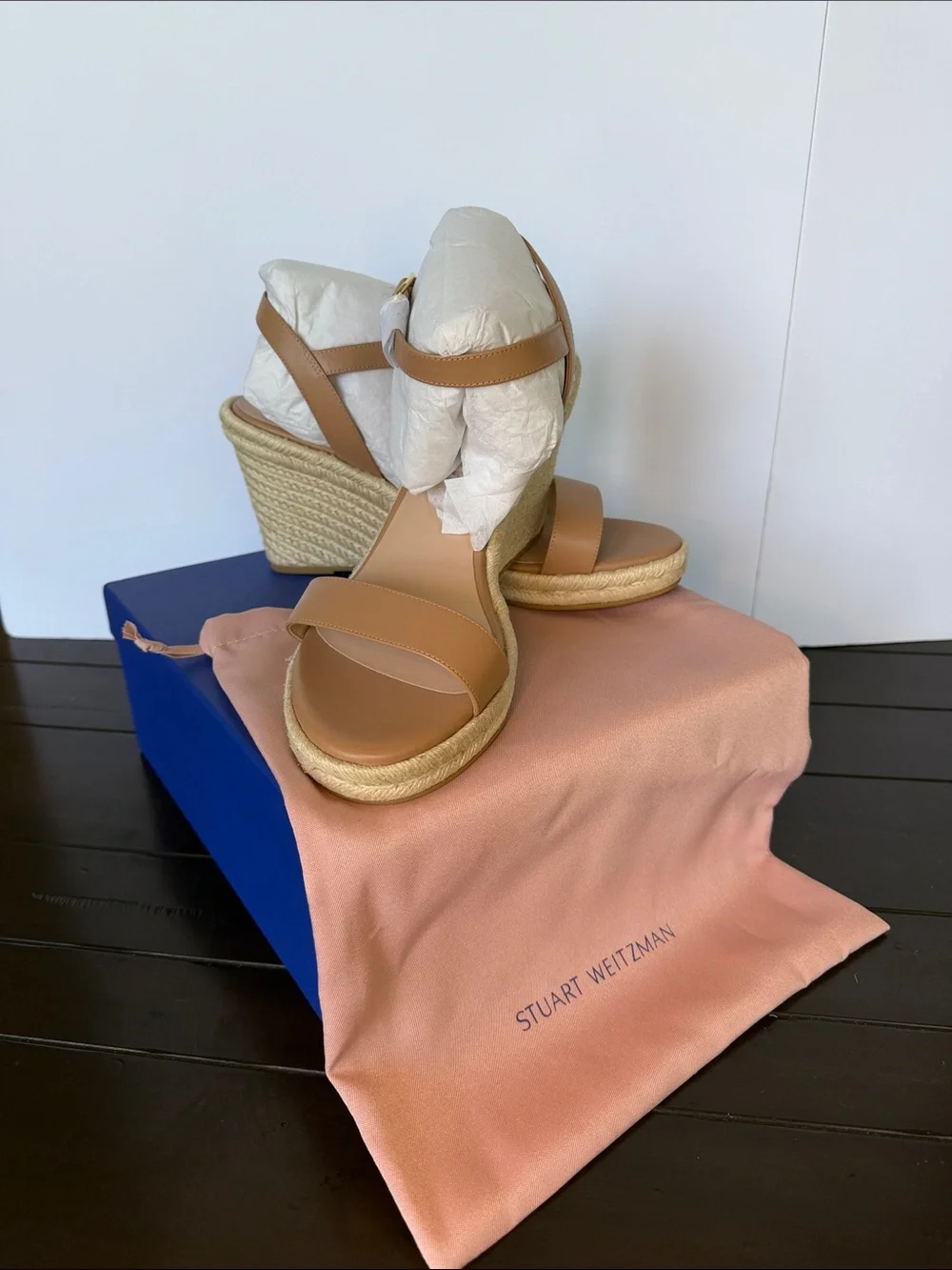 BNIB STUART WEITZMAN Teddi Espadrille Wedge Sandal Ankle Strap sandalwood Sz 12 - Picture 2 of 5
